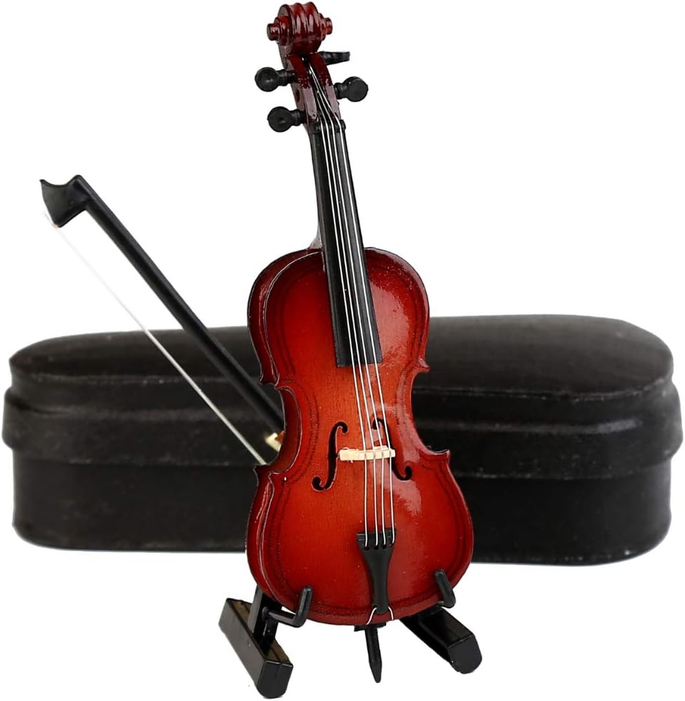 Wooden Miniature Cello with Stand, Bow and Case Mini Musical Instrument Cello Replica Collectible Figurines Dollhouse Accessories Model Home Decoration Display Ornament (3.94"x1.38"x0.43") - Image 3