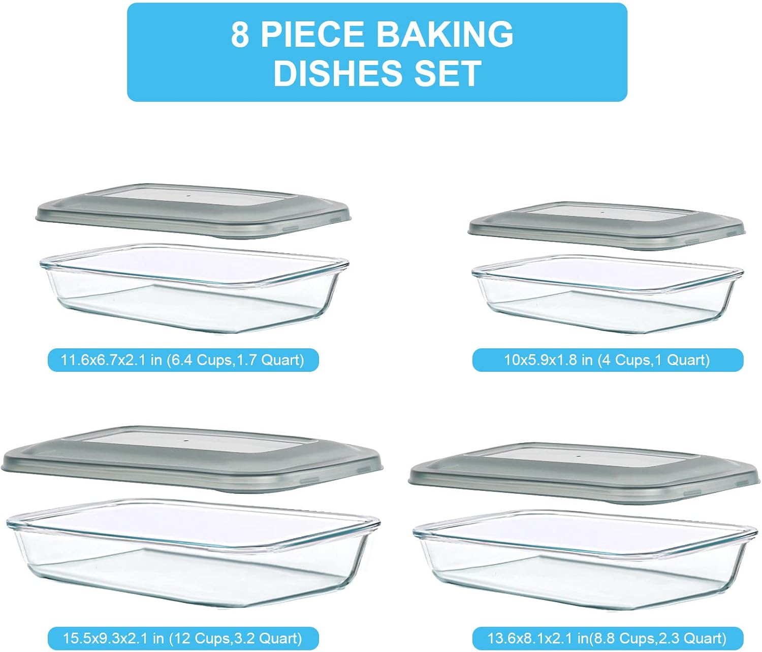 KOMUEE 8 Pieces Glass Baking Dish with Lids Rectangular Glass Baking Pan Bakeware Set with Lids, Baking Pans for Lasagna, Leftovers, Cooking, Kitchen, Fridge-to-Oven, Gray - Image 2