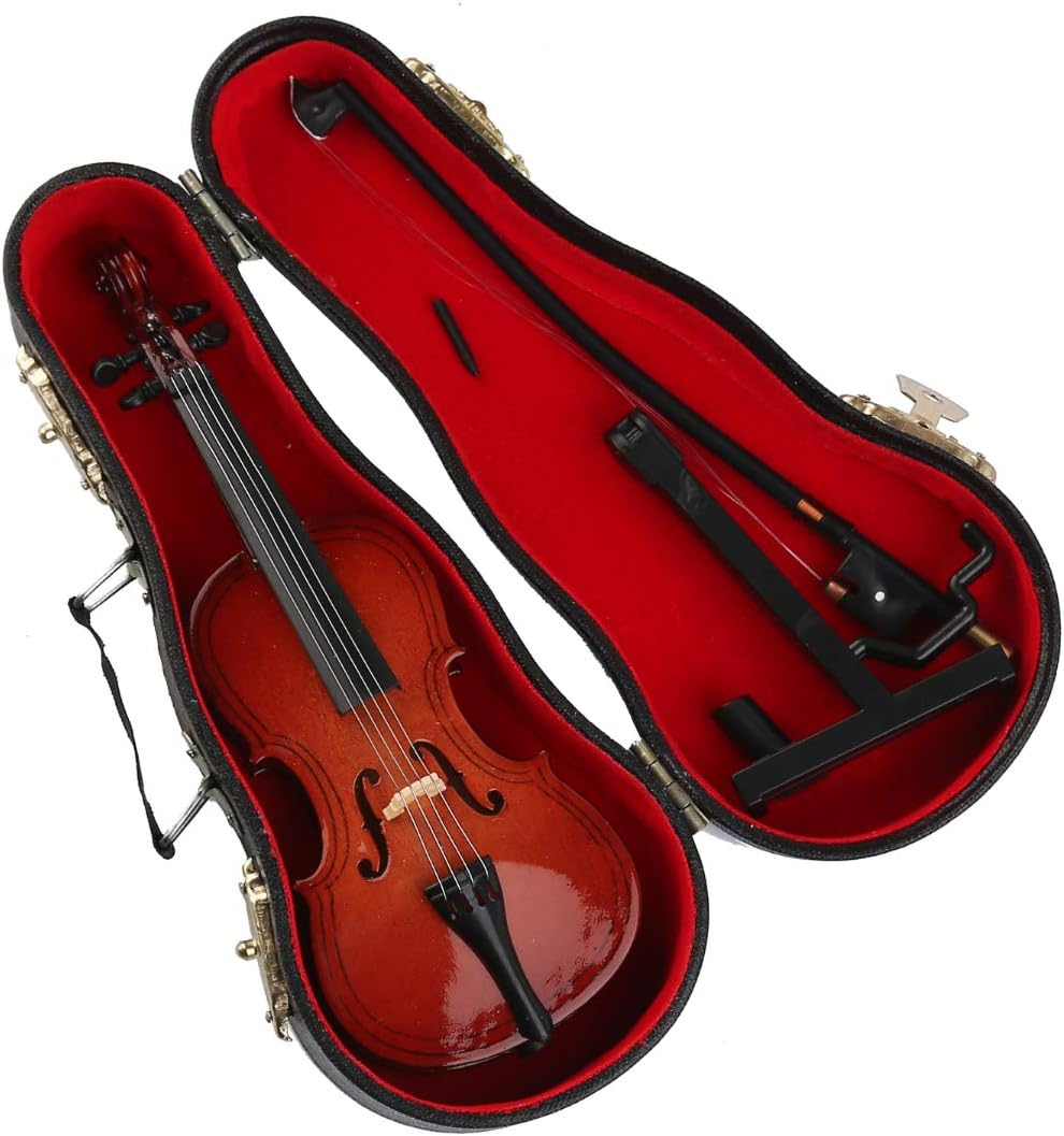 Wooden Miniature Cello with Stand, Bow and Case Mini Musical Instrument Cello Replica Collectible Figurines Dollhouse Accessories Model Home Decoration Display Ornament (3.94"x1.38"x0.43") - Image 4