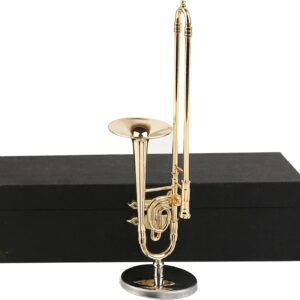 Miniature Trombone with Stand and Case Brass Mini Musical Instrument Trombone Replica Collectible Figurines Dollhouse Accessories Model Home Decoration Display Ornament (5.91″x1.30″)