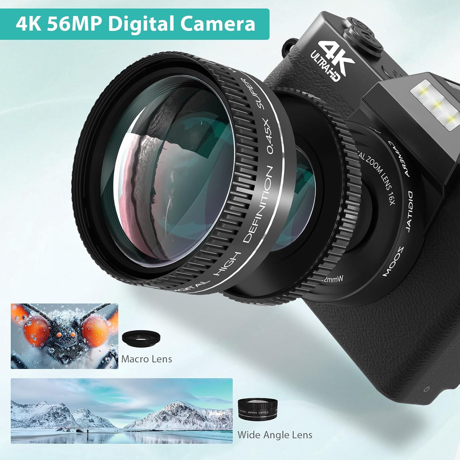 4K Digital Camera for Photography & Vlogging, 56MP YouTube Camera with WiFi, 3" 180° Flip Screen, 16X Digital Zoom, 52mm Wide Angle & Macro Lens, 32GB TF Card, 2 Batteries – Black - Image 5