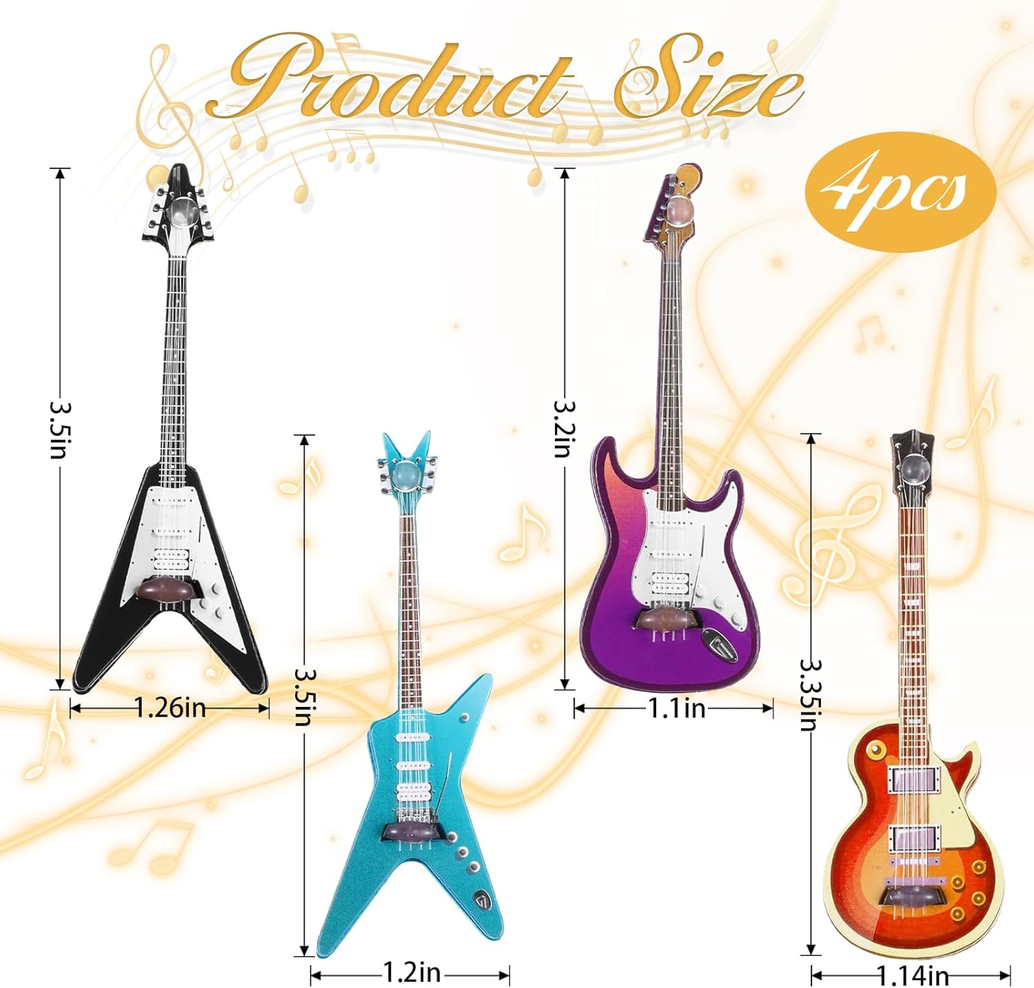 4Pcs Mini Guitar Set, Miniature Electric Guitar & Bass Guitar Ornament, 1:12 Scale Wooden Miniature Musical Instrument for Dollhouse, Mini Music Room, Home Decoration, Guitar Décor - Image 2