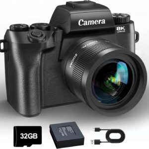 8K Digital Camera for Photography, WiFi Touchscreen Vlogging Cameras for YouTube with Autofocus,16X Digital Zoom Video Camera with 3000mAh Battery, Dual-Lens, Lens Hood, 32GB TF Card,Black