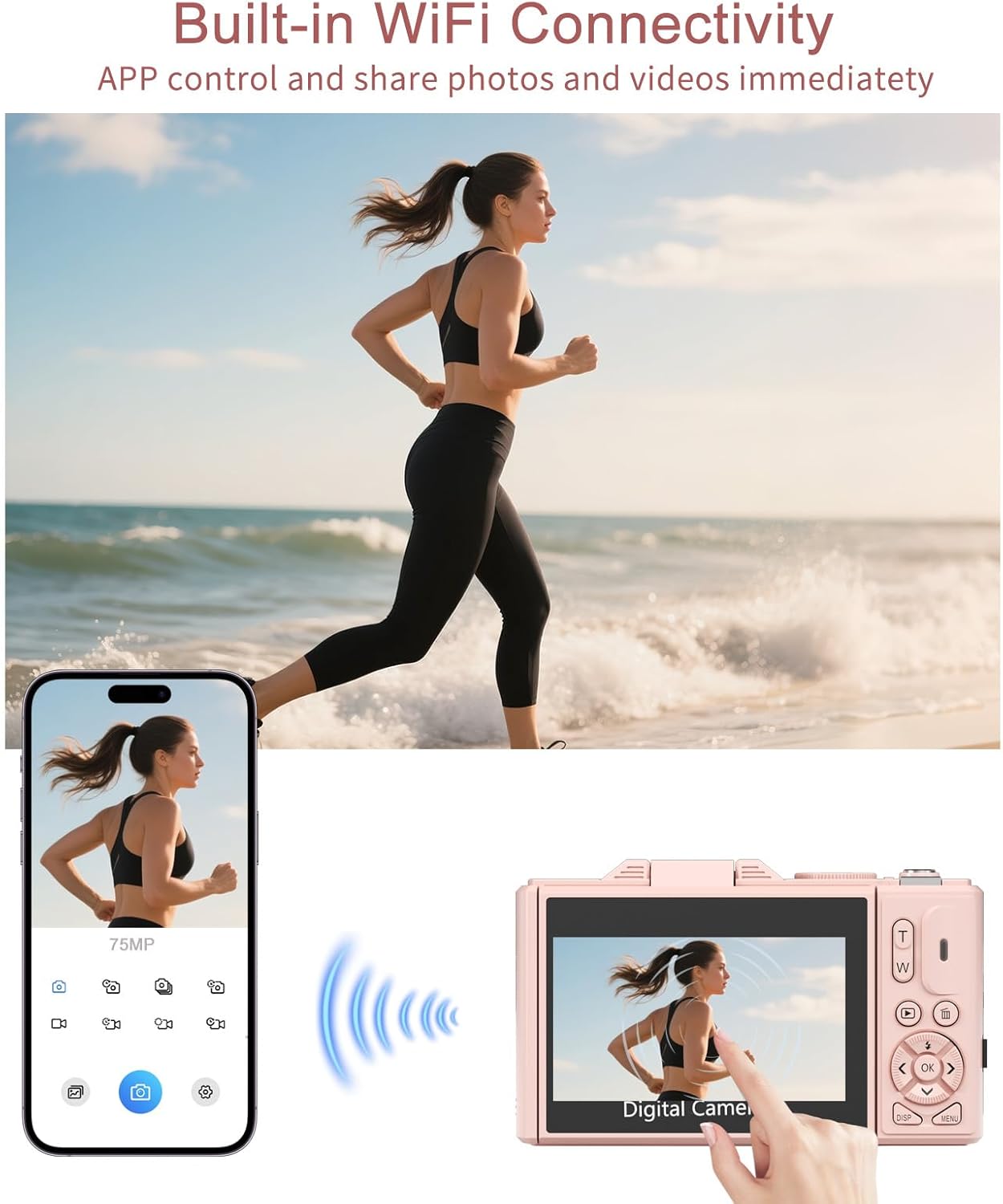 FLATIC Digital Camera, 5K 75MP Cameras for Photography with WiFi & 64GB TF Card, Autofoucs Vlogging Camera for YouTube with 180° Flip Screen, Compact Vlog Travel Camera Kit for Beginner, Teens, Pink - Image 4