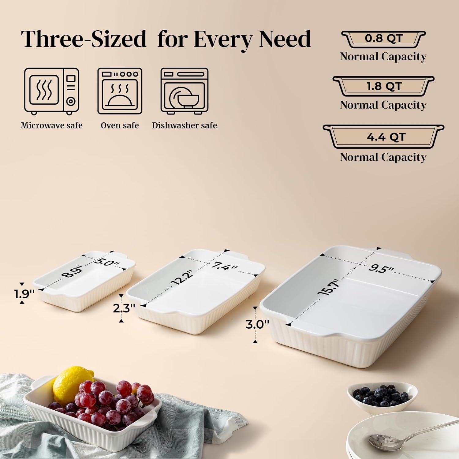 DOWAN Casserole Dishes for Oven, Baking Dishes Set, Ceramic Bakeware Sets of 3, Lasagna Pan Deep, Rectangular Baking Pan Set with Handles for Baking, Casserole, Kitchen, Wedding Gift, Soft White (15.6''/12.2''/8.9'') - Image 2