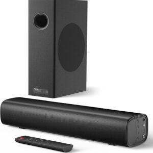 Saiyin Soundbar with 4” Subwoofers – 70W Rounded-Edge Subwoofer & Compact Soundbar for TV, 2.1 Audio Enhanced Surround Sound System for TV, Bluetooth/Optical/AUX Connection for TV/PC