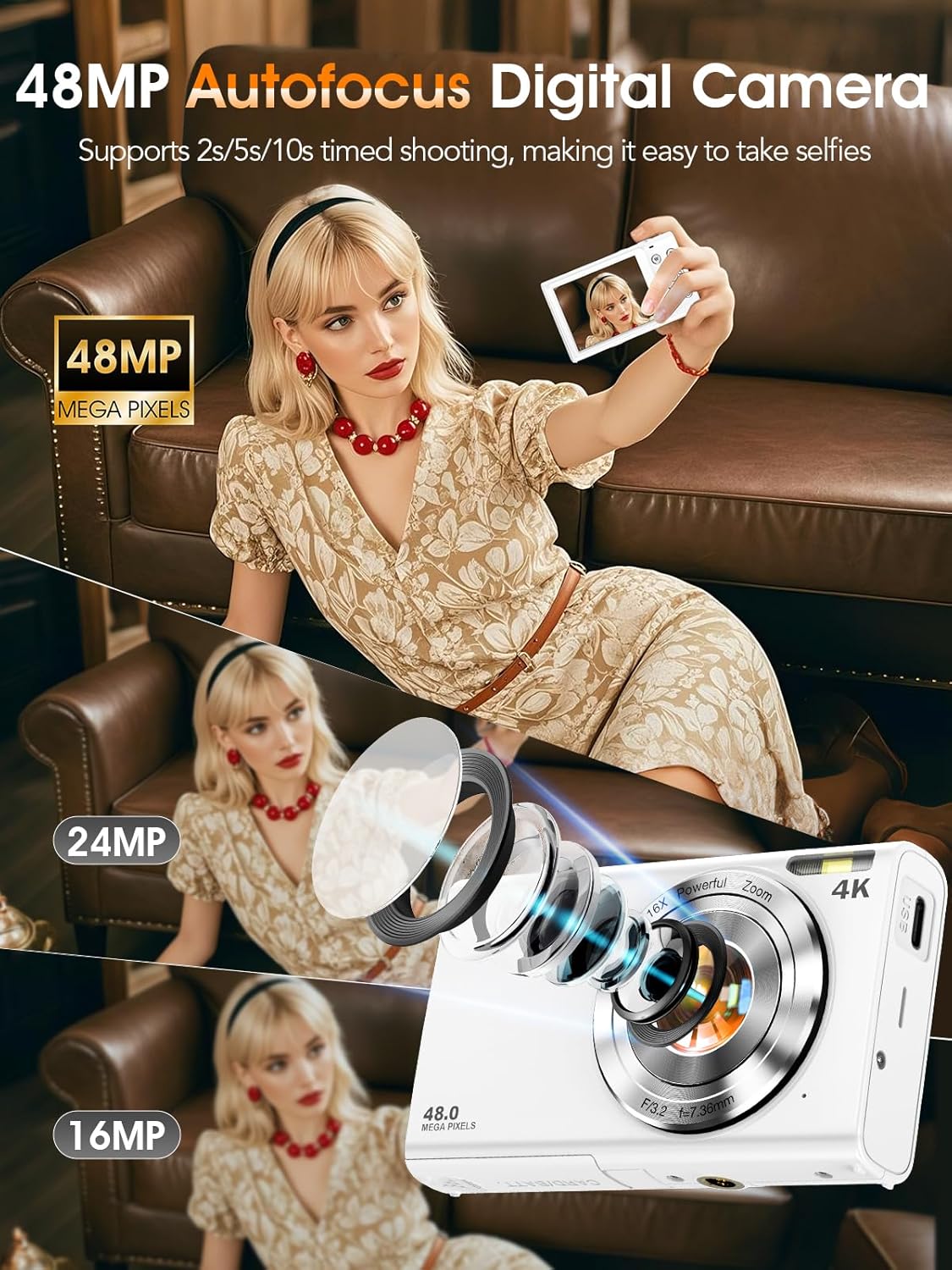 Digital Camera,Autofocus 4K Vlogging Camera for Photography with 32GB Card,48MP Portable Compact Point and Shoot Digital Camera for Teens Adult Beginner with 16X Zoom,Anti-Shake,2 Batteries(White) - Image 2