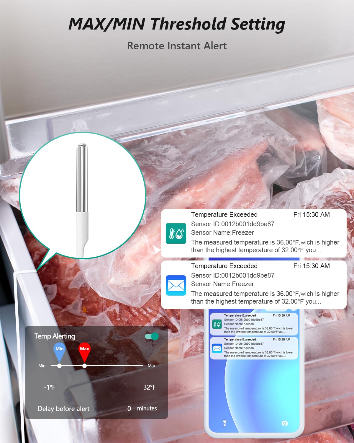 MOCREO WiFi Freezer Thermometer with Alarm, Wireless Refrigerator Temperature Sensor with Remote App Notification, Email Alert, 2 Years Free Data Export, for Home Kitchen Fridge Hot Tub - Image 4