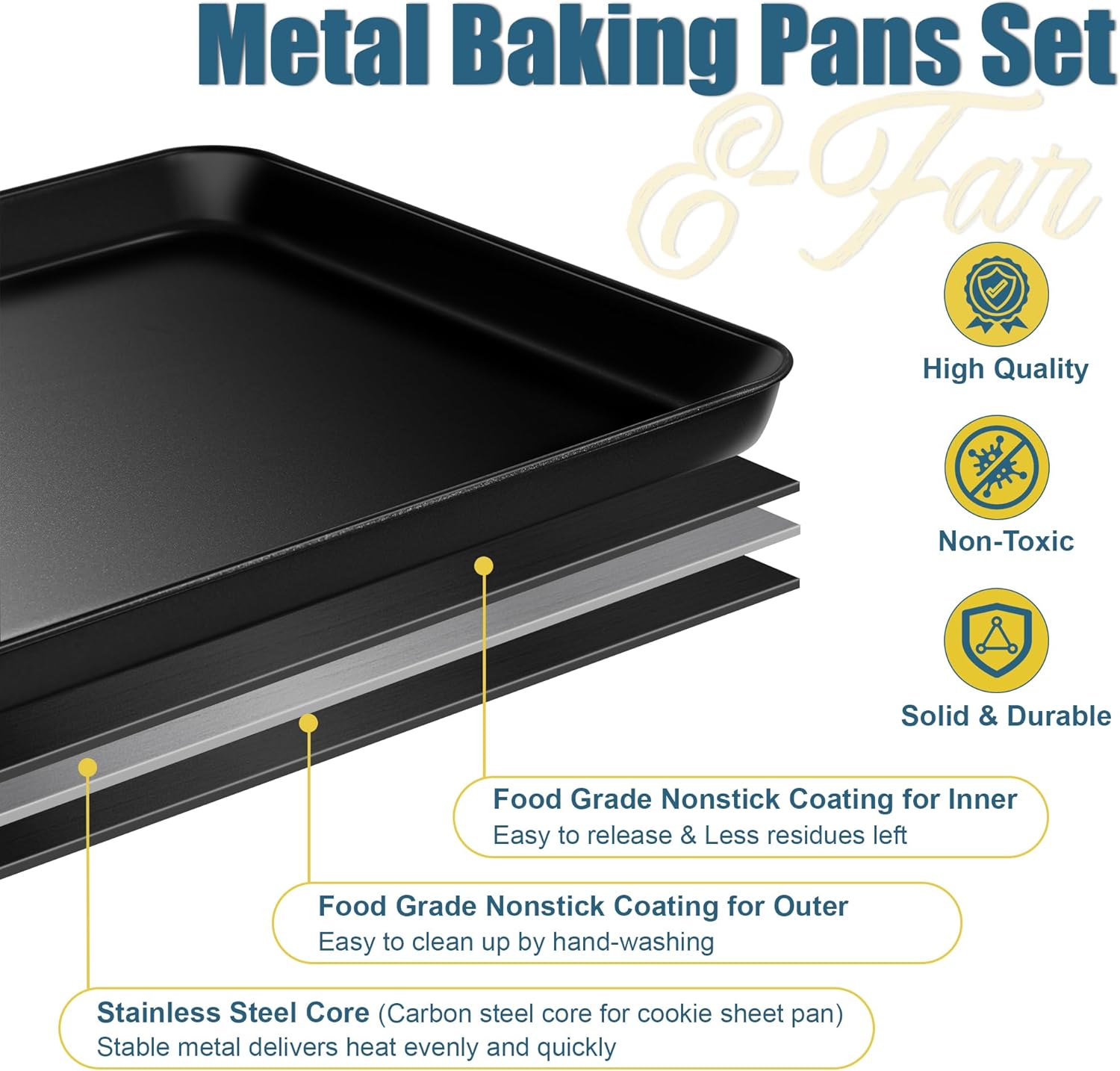 E-far 6-Piece Bakeware Sets, Nonstick Stainless Steel Baking Pans Set - 8x8 Square/Round Cake Pan/Muffin/Loaf Pan/Roasting Tray/Cookie Sheet - for Kitchen Oven Cooking Lasagna Brownie Casserole, Black - Image 3