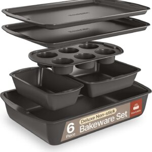 Bakken Swiss – Bakeware Set – 6 Piece – Stackable, Deluxe, Non-Stick Baking Pans for Professional and Home Cooking – Carbon Steel, Gray Coating