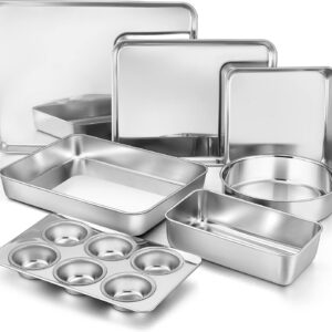 TeamFar Bakeware Sets of 7, Stainless Steel Bakeware Sets for Oven, Baking Sheet & Toaster Oven Pan, Square & Round Cake Pan, Muffin Pan & Loaf Pan, Lasagna Pan, Healthy & Sturdy, Dishwasher Safe