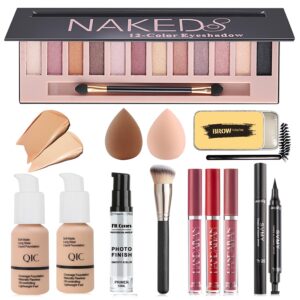 All In One Makeup Kit, Includes Naked Eyeshadow Palette, Nude & Beige Liquid Foundation, Face Primer, Lipstick Set, Eyebrow Soap Kit, Winged Eyeliner Stamp, Brush, Sponges