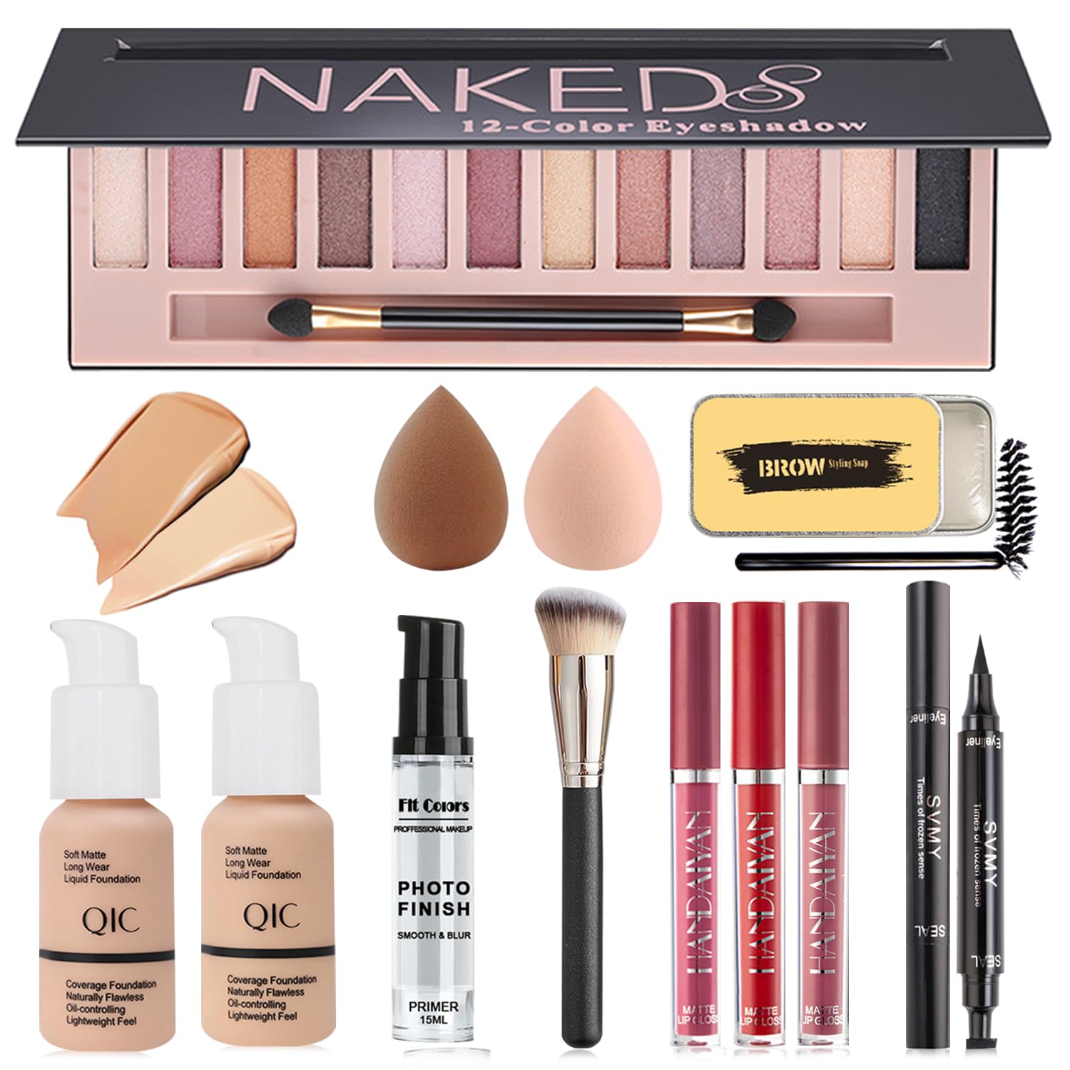 All In One Makeup Kit, Includes Naked Eyeshadow Palette, Nude & Beige Liquid Foundation, Face Primer, Lipstick Set, Eyebrow Soap Kit, Winged Eyeliner Stamp, Brush, Sponges