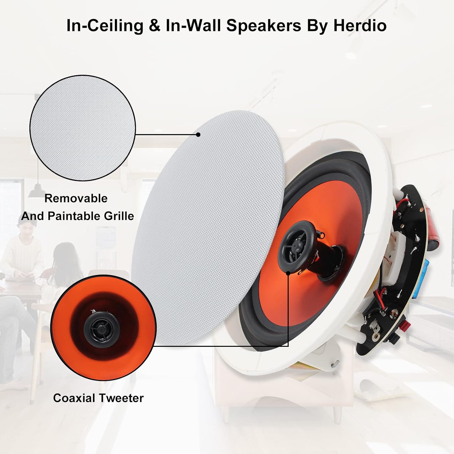 Herdio 6.5'' Bluetooth in Wall in Ceiling Speakers 600W 2-Way Flush Mount Speakers System with Wall Amplifier Receiver for Home Theater Office Bathroom(2Pairs, Paintable-Grille) - Image 3