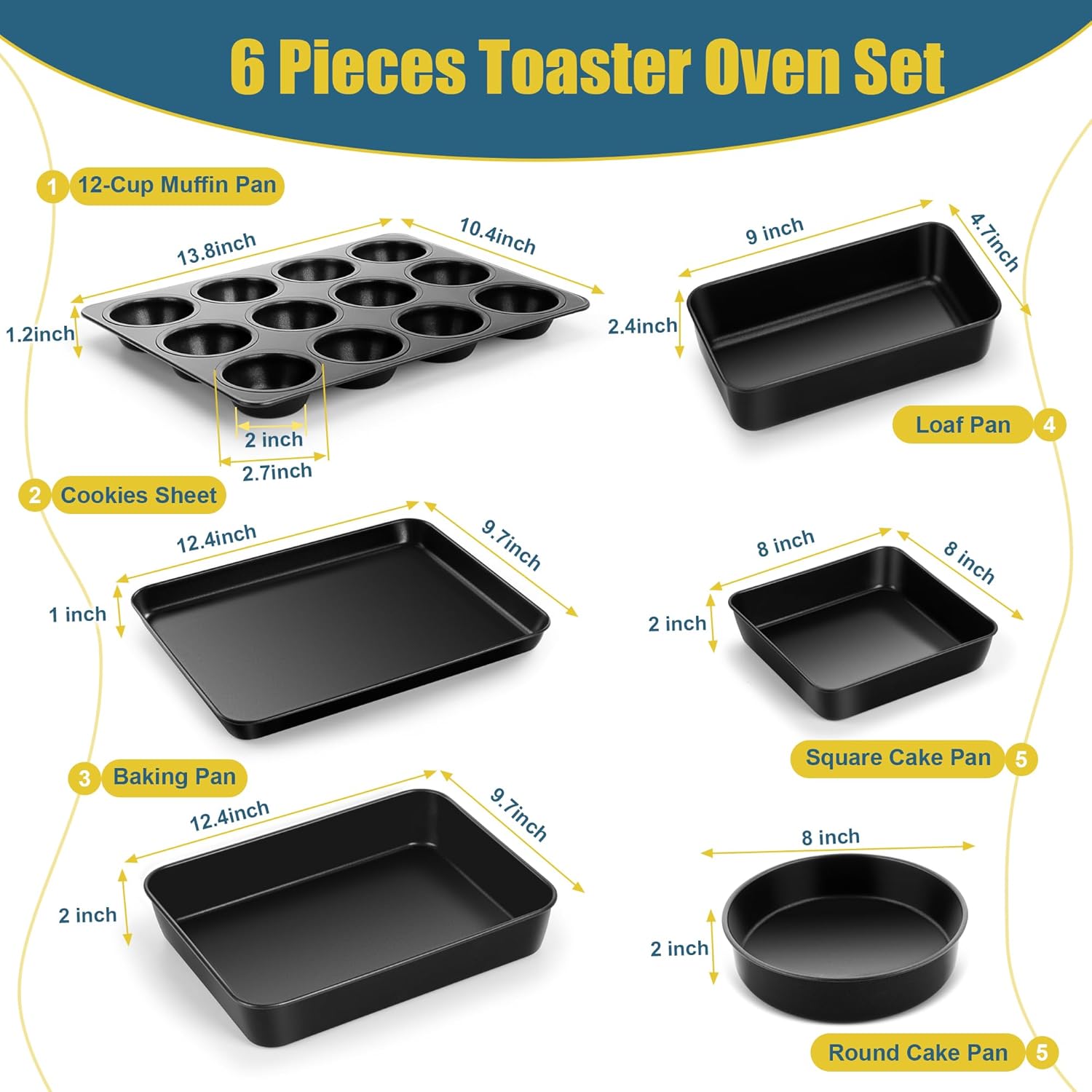 E-far 6-Piece Bakeware Sets, Nonstick Stainless Steel Baking Pans Set - 8x8 Square/Round Cake Pan/Muffin/Loaf Pan/Roasting Tray/Cookie Sheet - for Kitchen Oven Cooking Lasagna Brownie Casserole, Black - Image 2