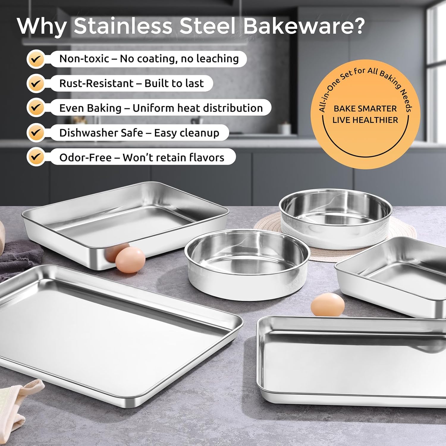 E-far Stainless Steel Baking Pan Set, 6-Piece Metal Bakeware Sets Include Cookie Sheet, Round Square Rectangle Cake Pans, Non-toxic & Dishwasher Safe - Image 5