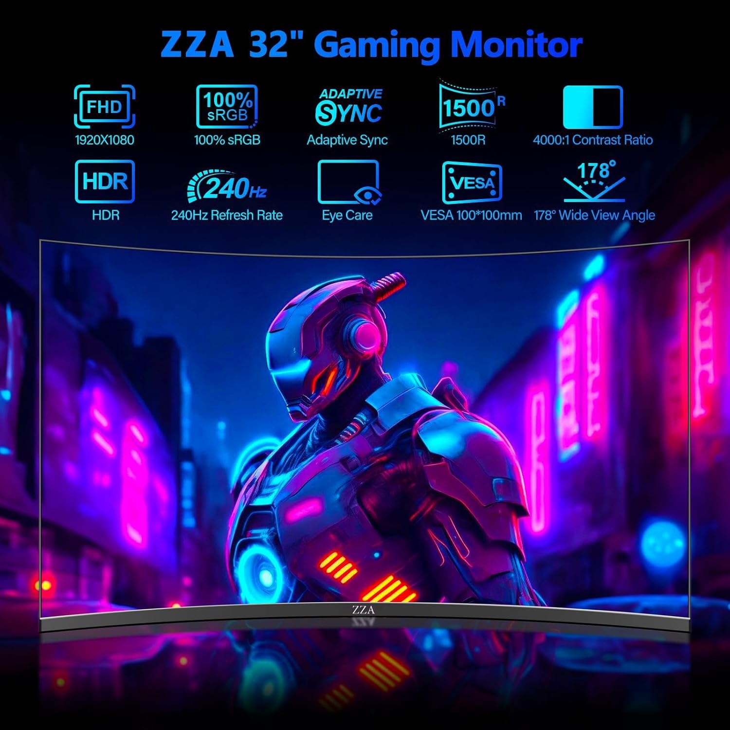 ZZA 32 Inch Curved Gaming Monitor 240hz,1K 1080P Computer PC Monitor with 1500R |1ms (GTG) | HDR 600|Curved|122% sRGB|DP/HDMI|VESA|FreeSync & G-Syn,Mount Business, Office, Casual Gaming Monitors - Image 2