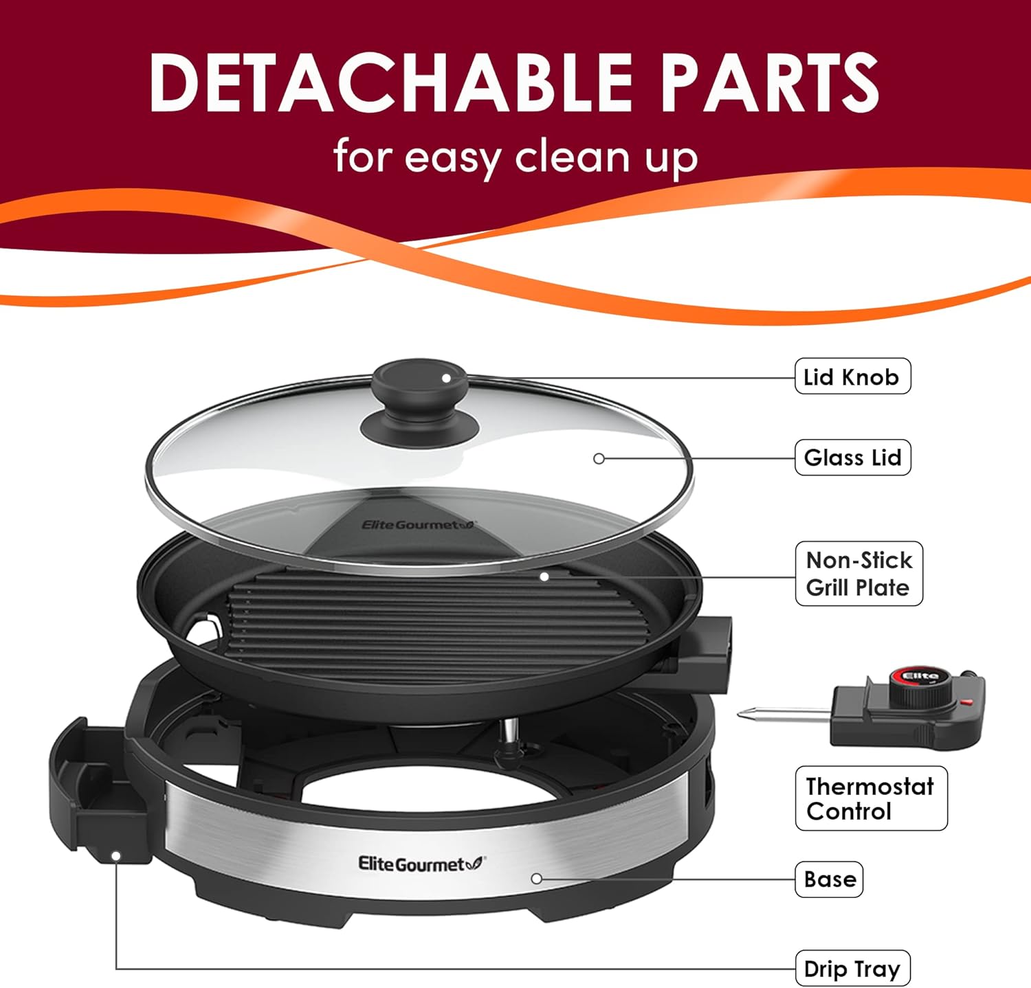 Elite Gourmet EMG6505G 12" Smokeless Indoor Electric BBQ Grill with Glass Lid Dishwasher Safe, Nonstick, Adjustable Temperature, Fast Heat Up, Low-Fat Meals Easy to Clean Design - Image 2