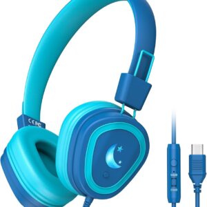 Kids Headphones for School, 2025 Upgrade USB Type C Kids Headphone with Microphone, Wired Boys Girls Headphones with Safe Limiter 85dB/95dB, Foldable On Ear Headphones for School/iPad/Tablets/Travel