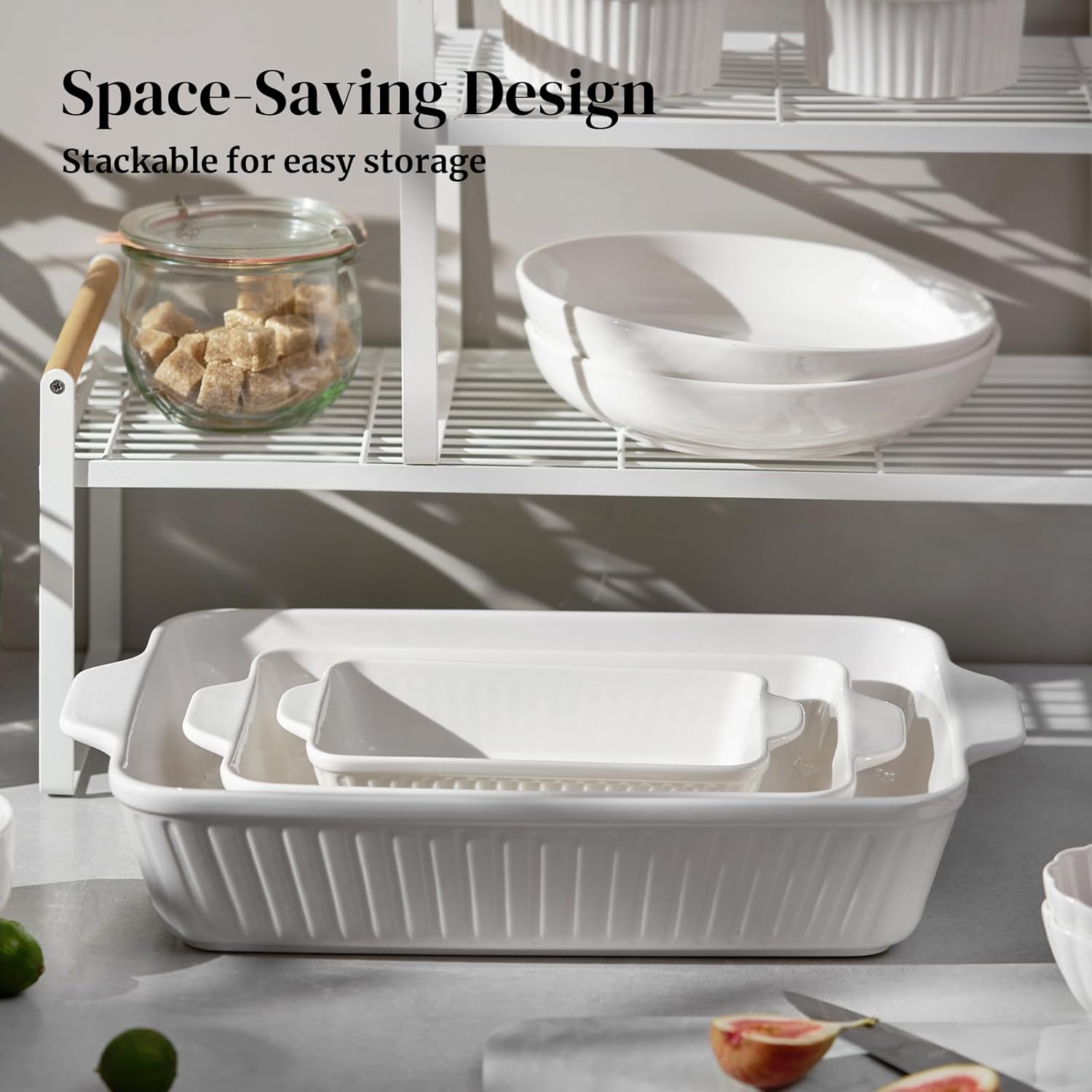 DOWAN Casserole Dishes for Oven, Baking Dishes Set, Ceramic Bakeware Sets of 3, Lasagna Pan Deep, Rectangular Baking Pan Set with Handles for Baking, Casserole, Kitchen, Wedding Gift, Soft White (15.6''/12.2''/8.9'') - Image 6