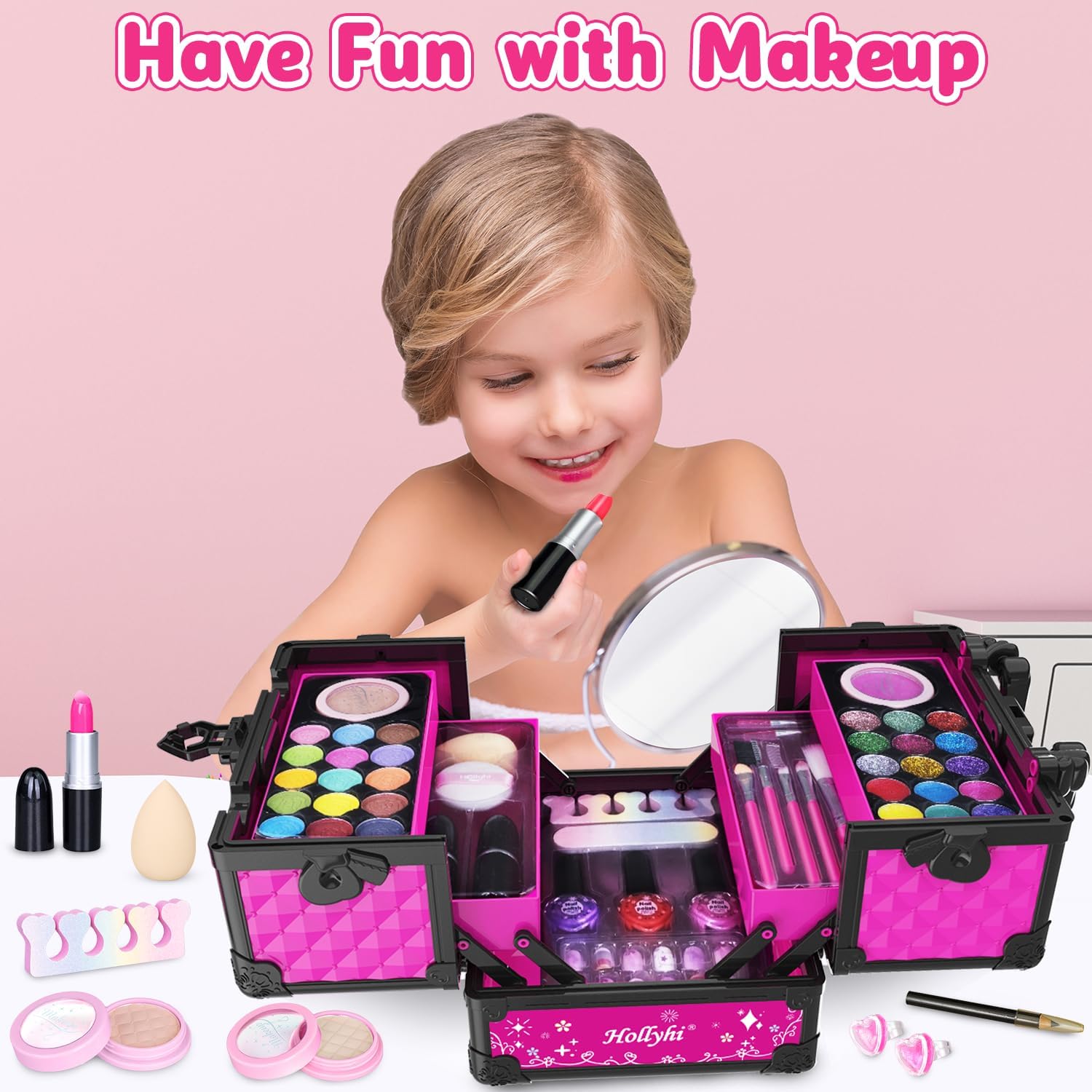 Hollyhi 59 Pcs Kids Makeup Kit for Girl, Washable Play Makeup Toys Set for Dress Up, Pretend Beauty Vanity Set with Cosmetic Case Birthday Toys for Girls 3 4 5 6 7 8 9 10 11 12 Year Old Kids Toddlers - Image 8