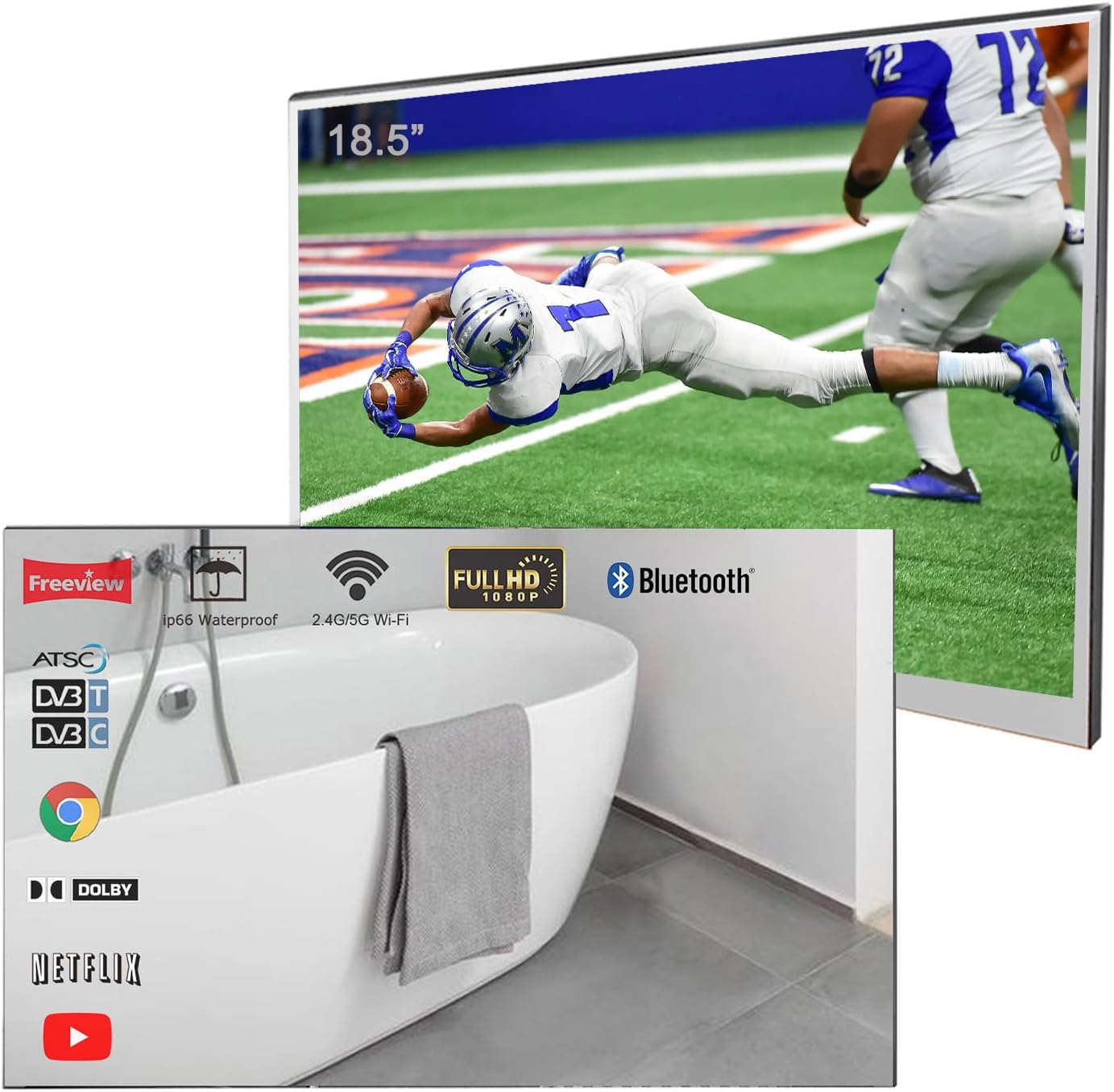 Soulaca 18.5 inches Smart Mirror TV Android for Your Bathroom Entertainment Sleek Modern, Waterproof with WiFi Bluetooth ATSC Compact Area Use