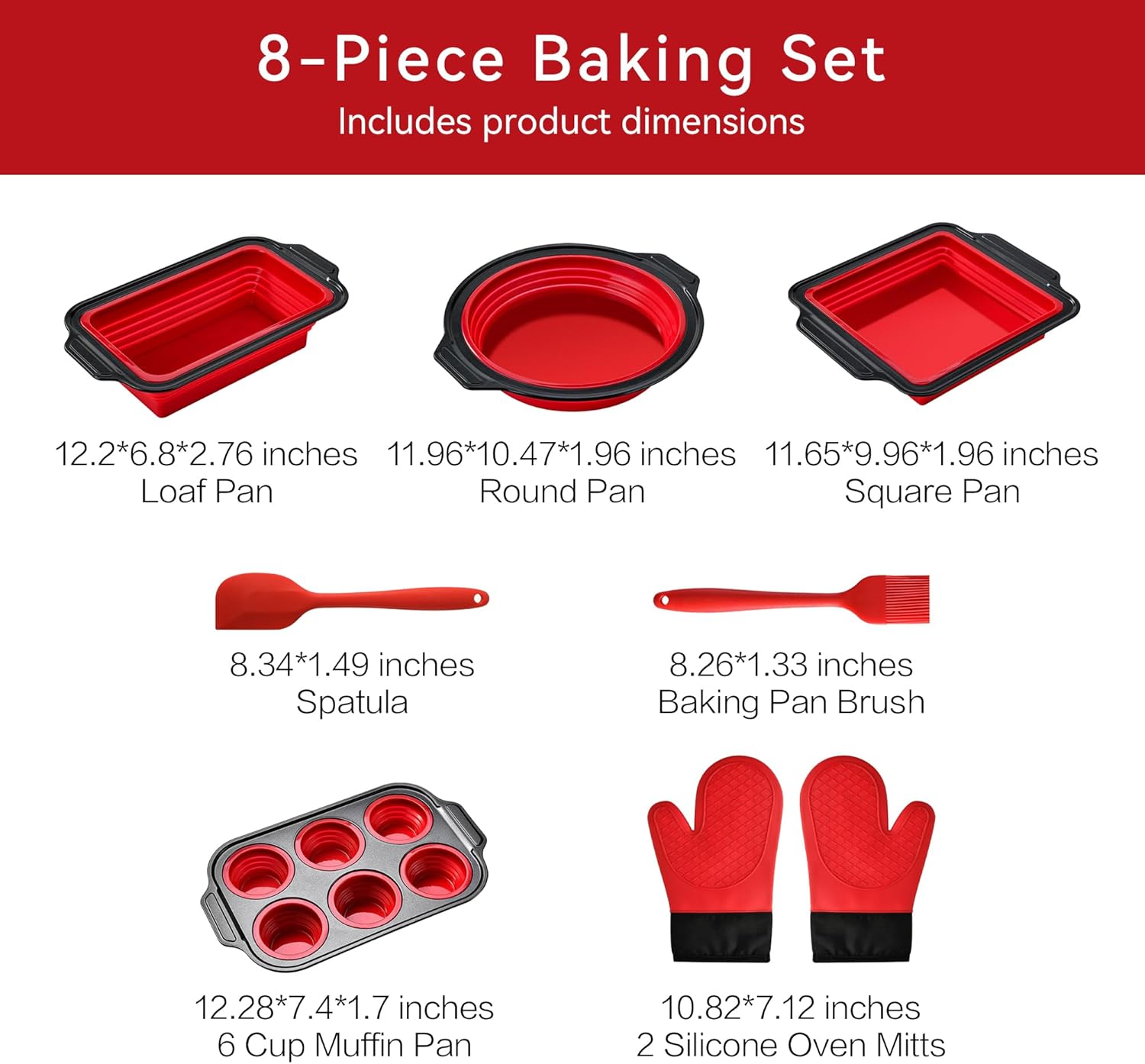 8 Piece Red Silicone Bakeware Sets, Nonstick Baking Pans, Silicone Baking Sheet Set with Press to Release Design, Oven Mitts, Spatula & Brush Flexible, Stackable, BPA Free, Dishwasher & Oven Safe - Image 2