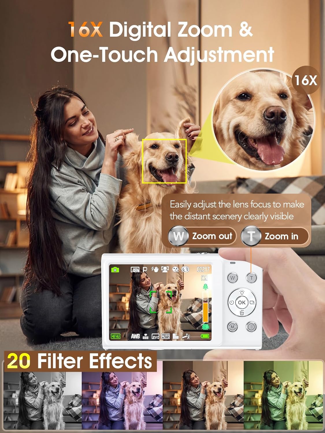 Digital Camera,Autofocus 4K Vlogging Camera for Photography with 32GB Card,48MP Portable Compact Point and Shoot Digital Camera for Teens Adult Beginner with 16X Zoom,Anti-Shake,2 Batteries(White) - Image 4