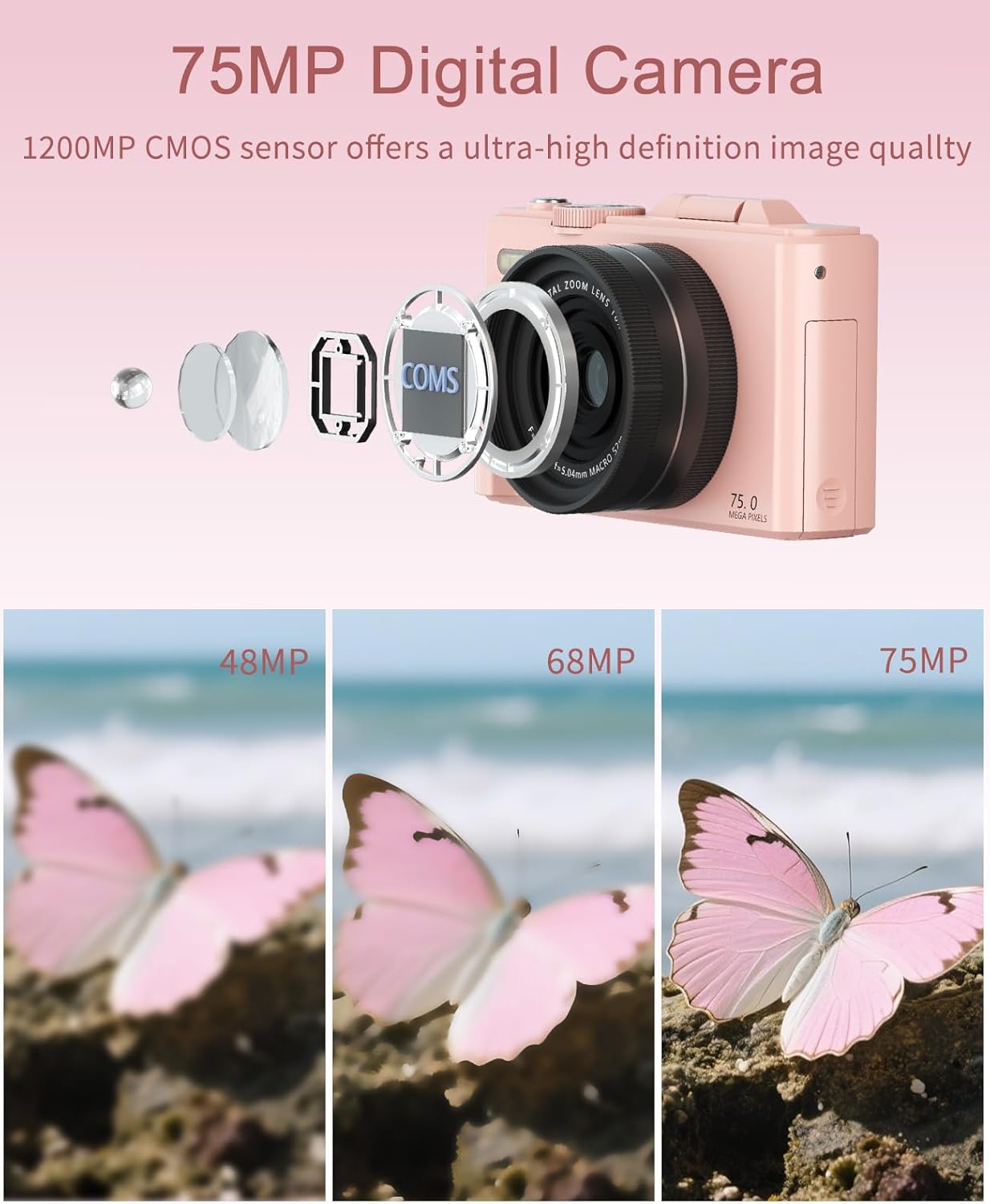 FLATIC Digital Camera, 5K 75MP Cameras for Photography with WiFi & 64GB TF Card, Autofoucs Vlogging Camera for YouTube with 180° Flip Screen, Compact Vlog Travel Camera Kit for Beginner, Teens, Pink - Image 3
