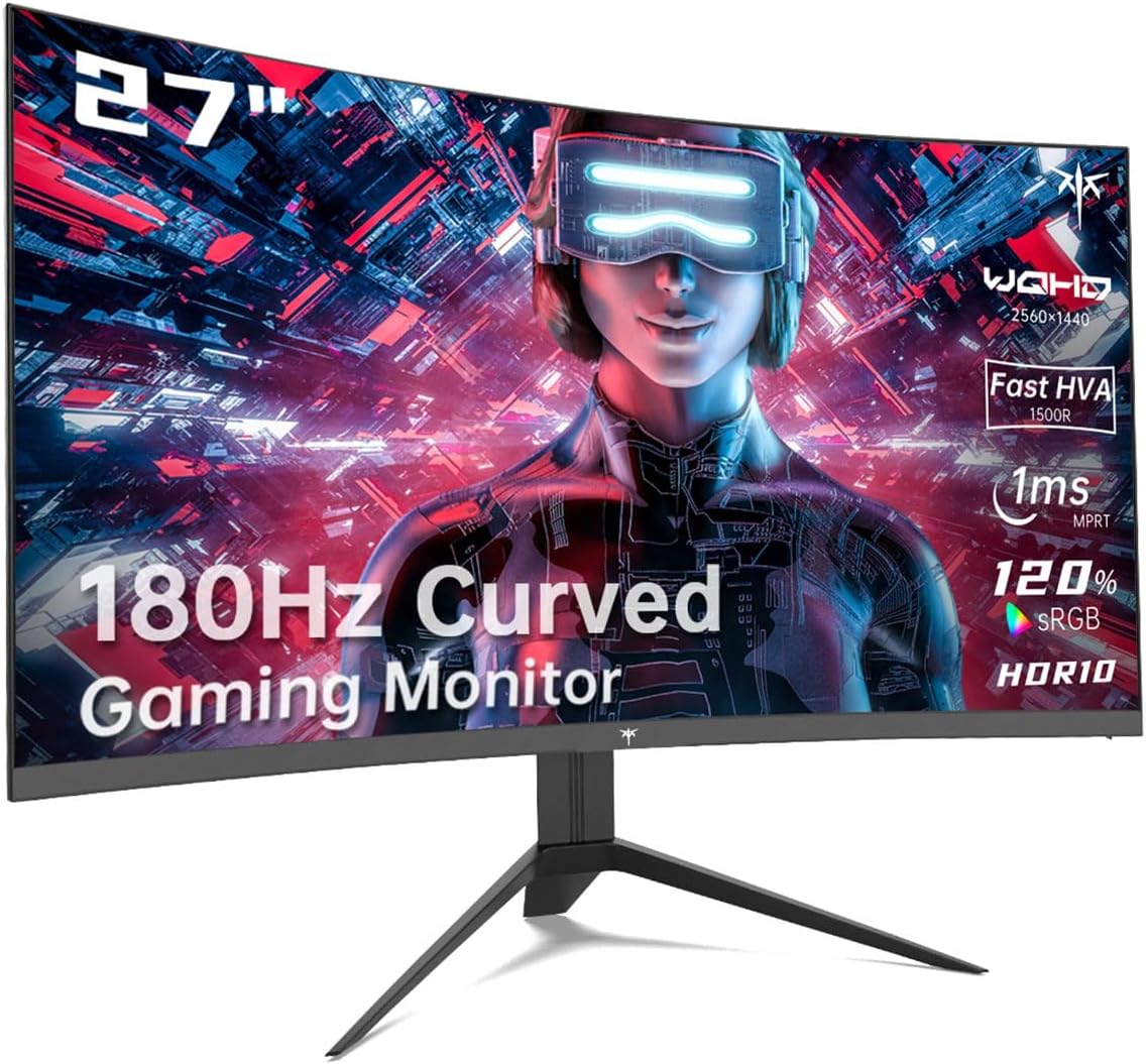 KTC 27 inch Gaming Monitor, 1440P Curved Monitor, 180Hz, 144Hz, 2K, 1500R, 1ms, FreeSync/G-Sync Compatible, DisplayPort/HDMI/USB, Ultrawide PC Vesa/Wall Mount Computer Monitor, H27S17