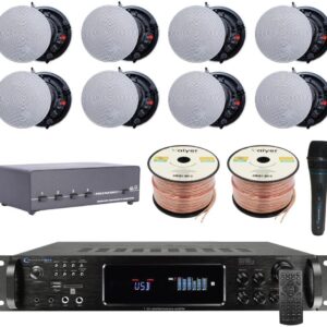Vaiyer Home Audio System Kit 7.2 Channel 4500 Watts Bluetooth Amplifier w/ 8 Qty of 5.25″ Frameless Ceiling Speakers 175W Each, 4-Ch Speaker Selector, Mic, 16 AWG 500 ft Speaker Wire & Remote