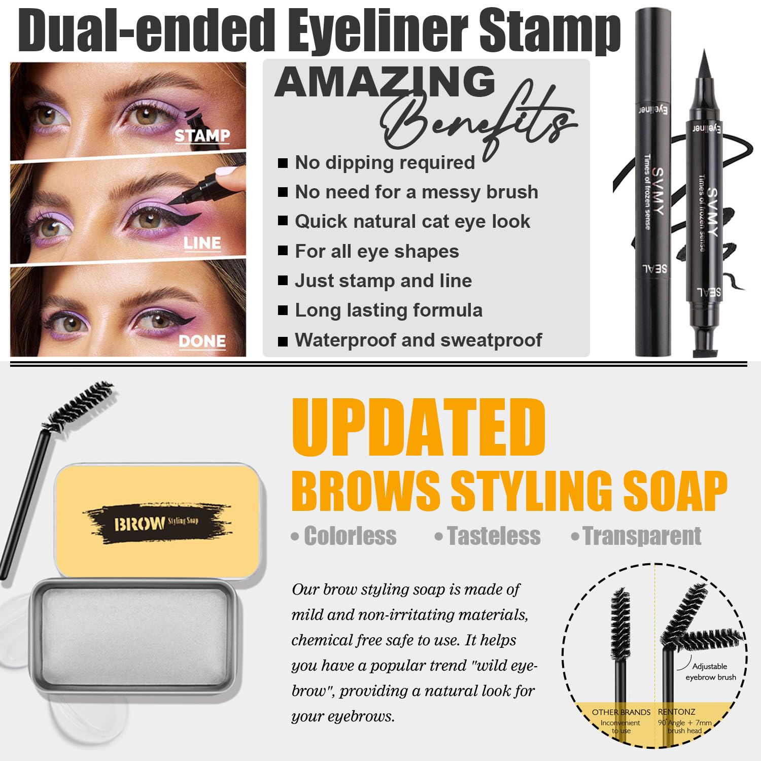 All In One Makeup Kit, Includes Naked Eyeshadow Palette, Nude & Beige Liquid Foundation, Face Primer, Lipstick Set, Eyebrow Soap Kit, Winged Eyeliner Stamp, Brush, Sponges - Image 6