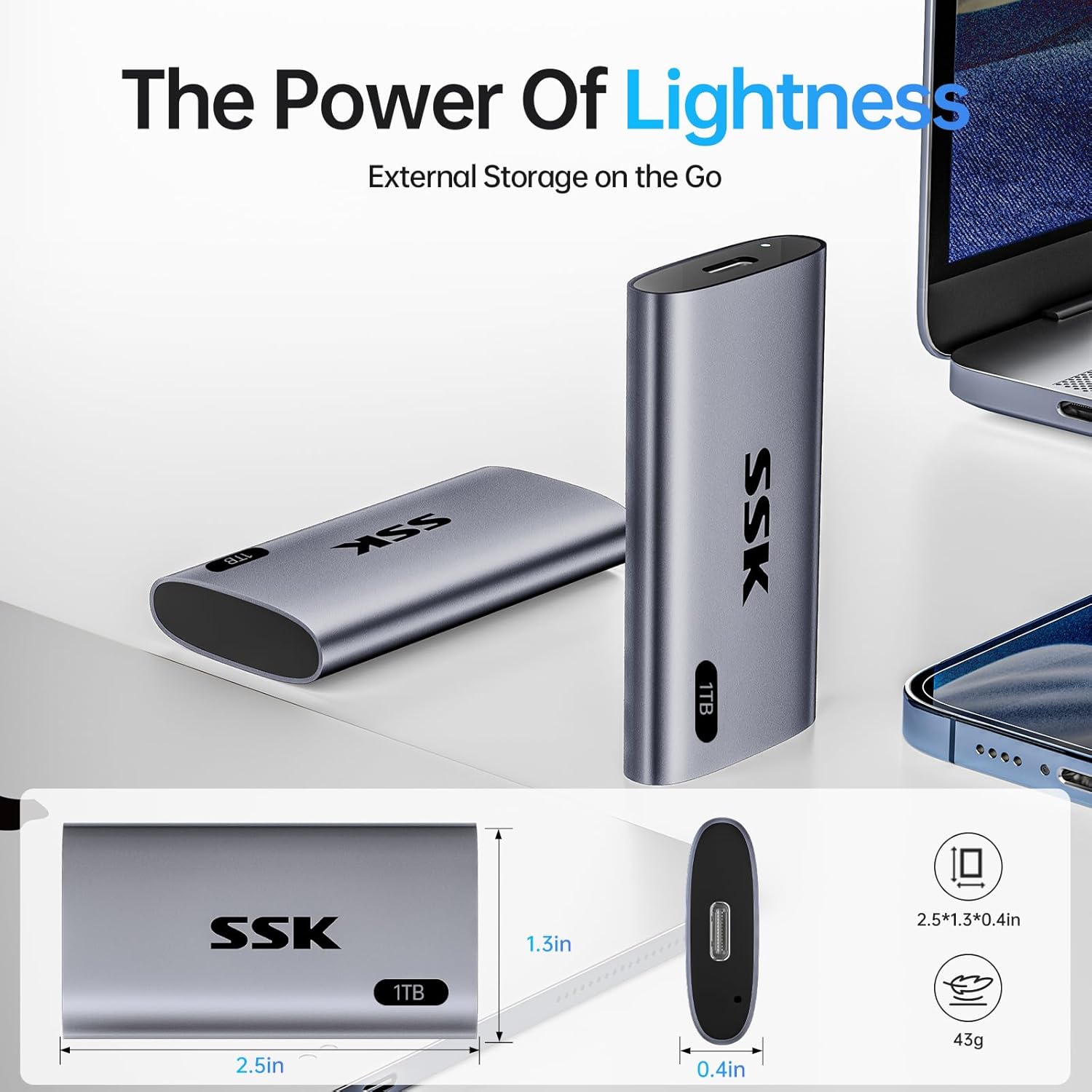 SSK 1TB SSD External Hard Drive, Portable SSD Up to 550MB/s Fast Solid State Drives, External Drive USB 3.2 Gen2 for iPhone 15/Pro, Windows, Mac, Android with LED Light, Trim, Smart Supported - Image 7