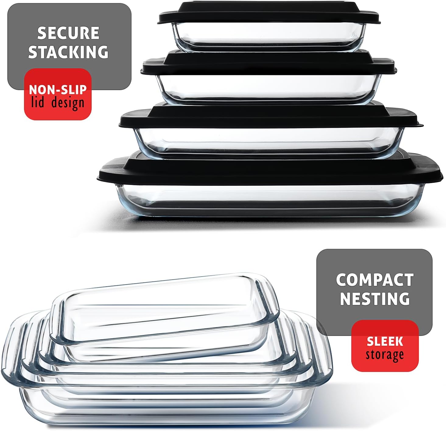 Eatex 8-Piece Deep Glass Casserole Dishes for Oven with Plastic Lids, Glass Baking Dishes for Oven, Rectangular Bakeware for Lasagna, Cooking, Leftovers, Kitchen, Freezer to Oven Dishwasher Safe - Image 5