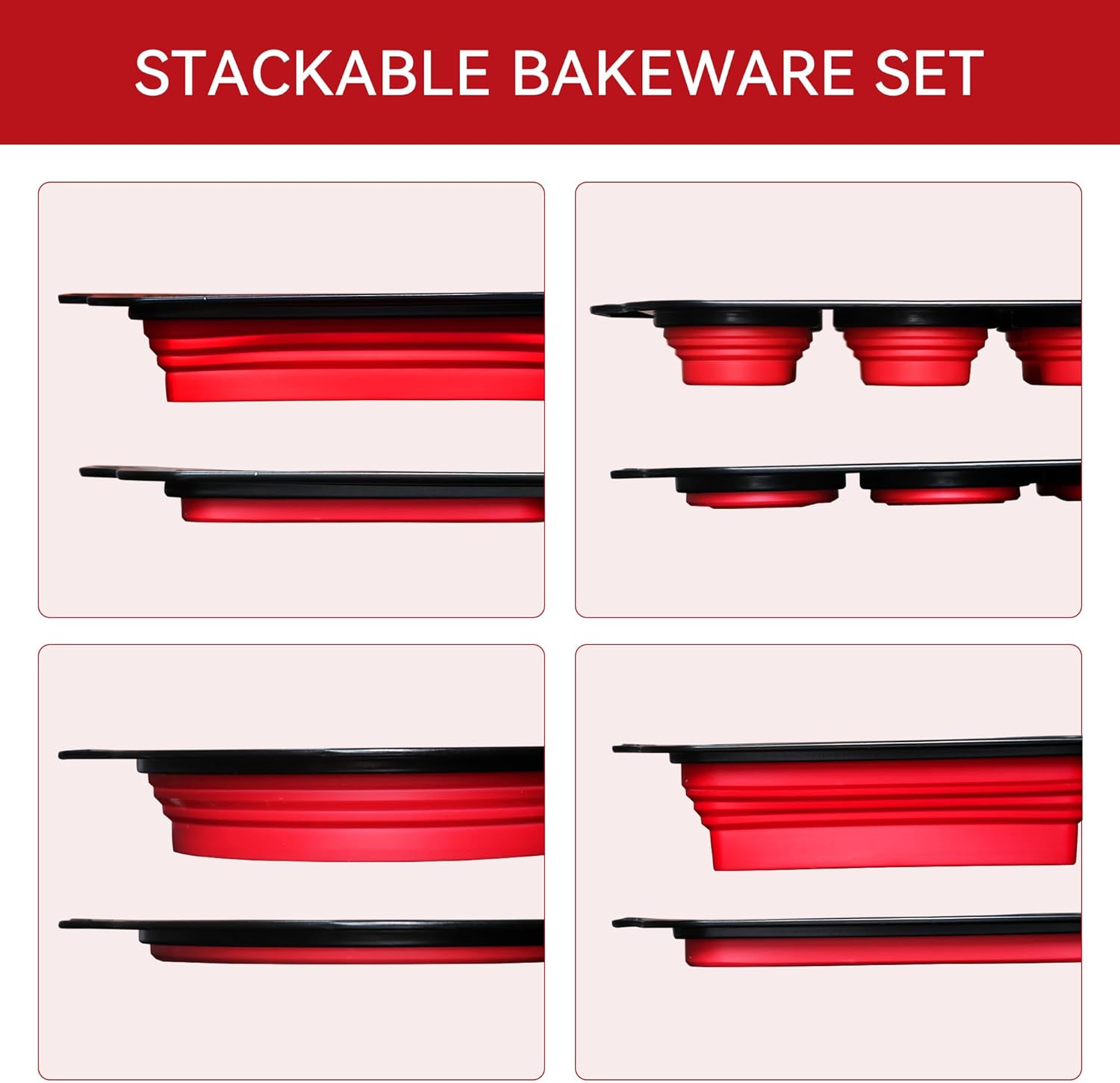 8 Piece Red Silicone Bakeware Sets, Nonstick Baking Pans, Silicone Baking Sheet Set with Press to Release Design, Oven Mitts, Spatula & Brush Flexible, Stackable, BPA Free, Dishwasher & Oven Safe - Image 4