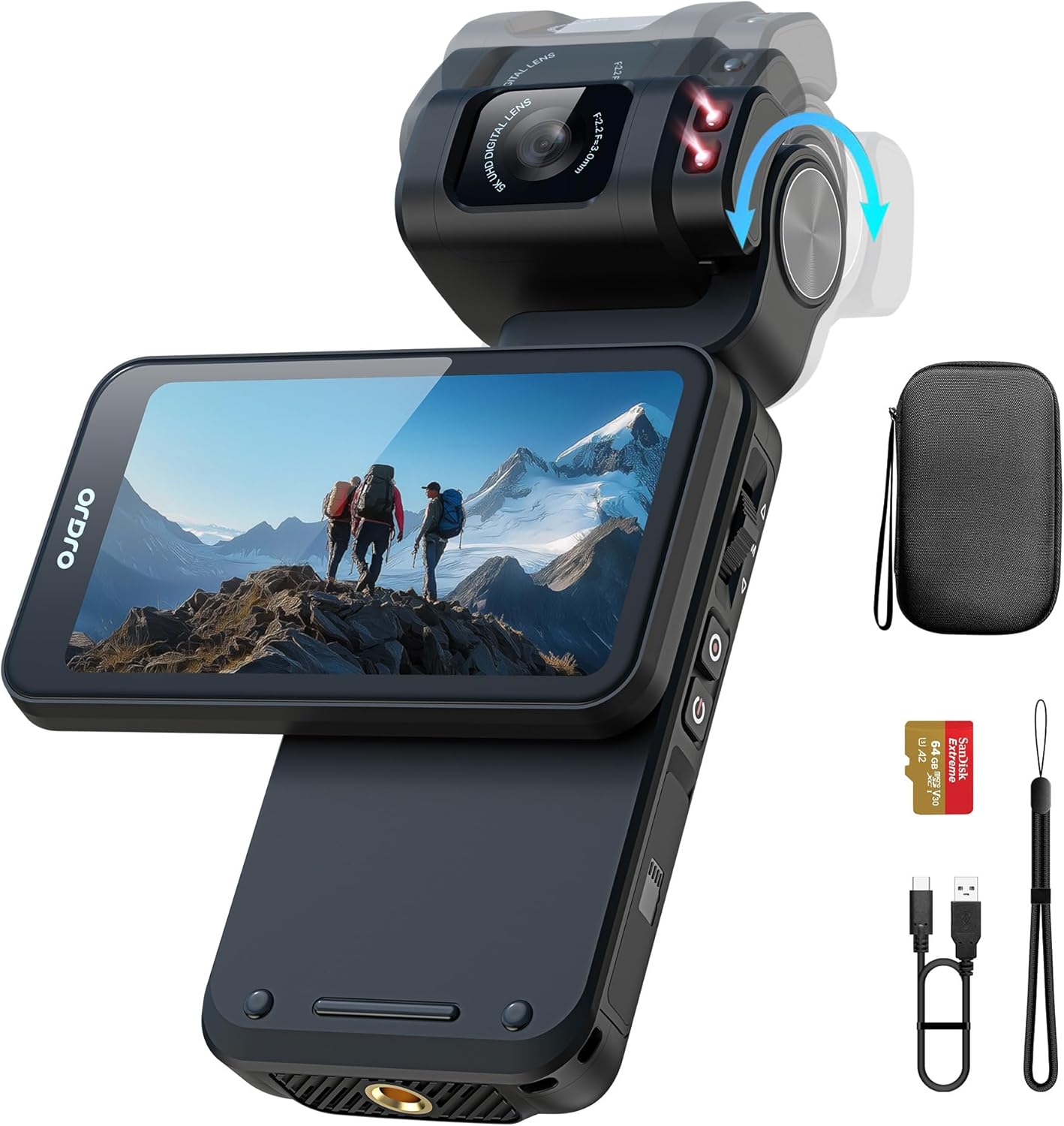 5K Video Camera Camcorder, Portable Vlogging Camera with 3.5'' Rotatable Touchscreen, 1/2.5'' CMOS & 4K/60FPS Video, IR Night Vision Pocket Camera with 64G Card for YouTube Vlogs (LightBlack)