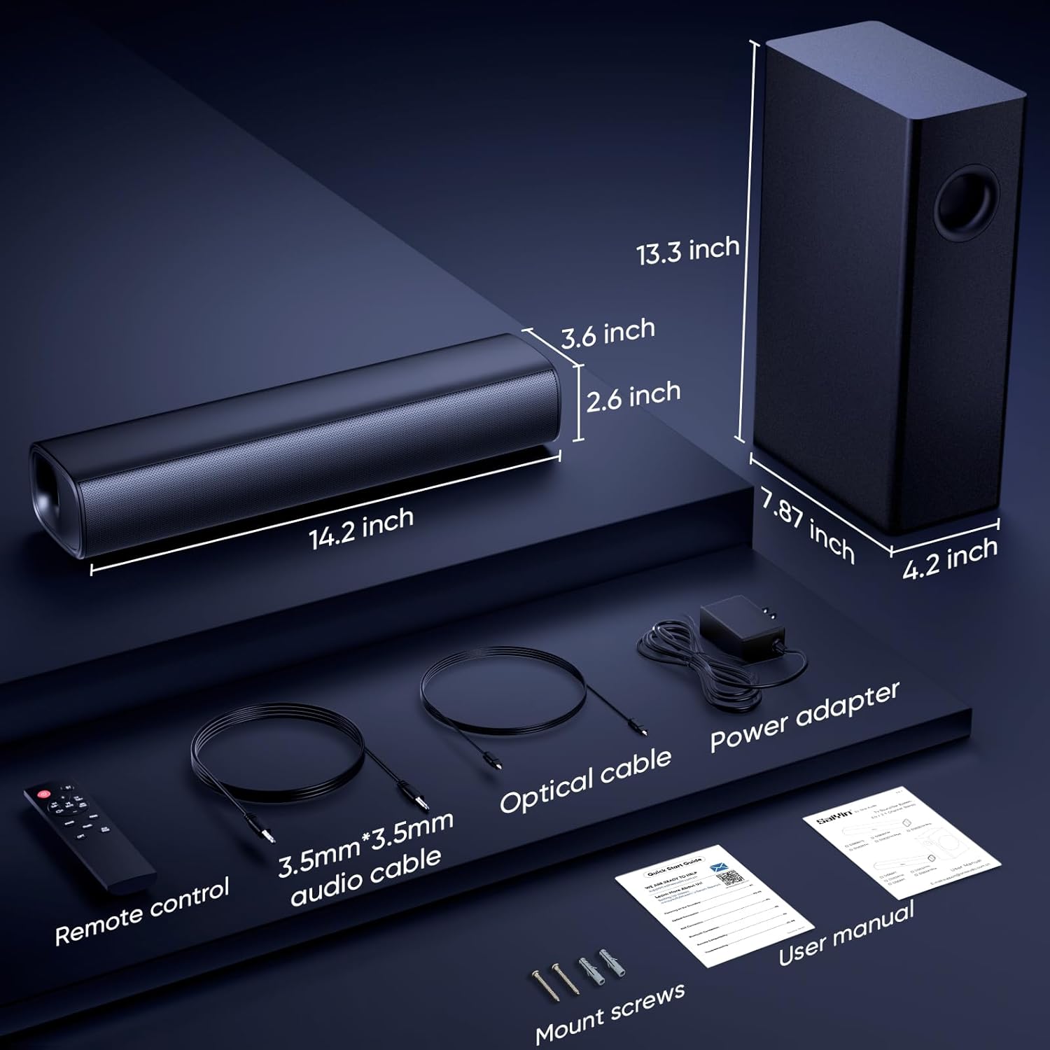 Saiyin Soundbar with 4'' Subwoofers - 70W Rounded-Edge Subwoofer & Compact Soundbar for TV, 2.1 Audio Enhanced Surround Sound System for TV, Bluetooth/Optical/AUX Connection for TV/PC - Image 3