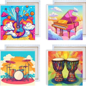Kaliosy 4 Pack Framed Paint by Numbers Kits for Adults Musical Instruments, Oil Painting Guitar Piano Drums Pre Drawn Canvas Drawing with Paintbrushes Acrylic Beginner Wall Home Decoration 8×8 inch