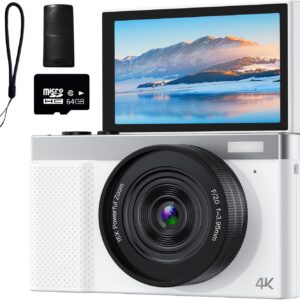 4K Digital Camera, 64MP Vlogging Camera for Photography with 3″ 180° Flip Screen, 16X Compact Digital Camera with 64GB Micro SD Card for Beginner (White)