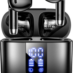 Wireless Earbuds, Bluetooth Headphones with Deep Bass Stereo, 48H Playback Ear Buds with LED Power Display, Lightweight, IPX7, in-Ear Earphones with Mic for iPhone/Android/iPad, Black