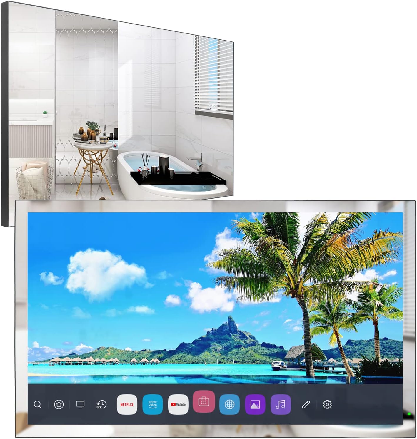 elecsung 28inch 4K UHD Smart TV for Bathroom,Mirror Panel, IP65 Waterproof,Built-in Alexa, WiFi, Bluetooth,Speakers,webOS System