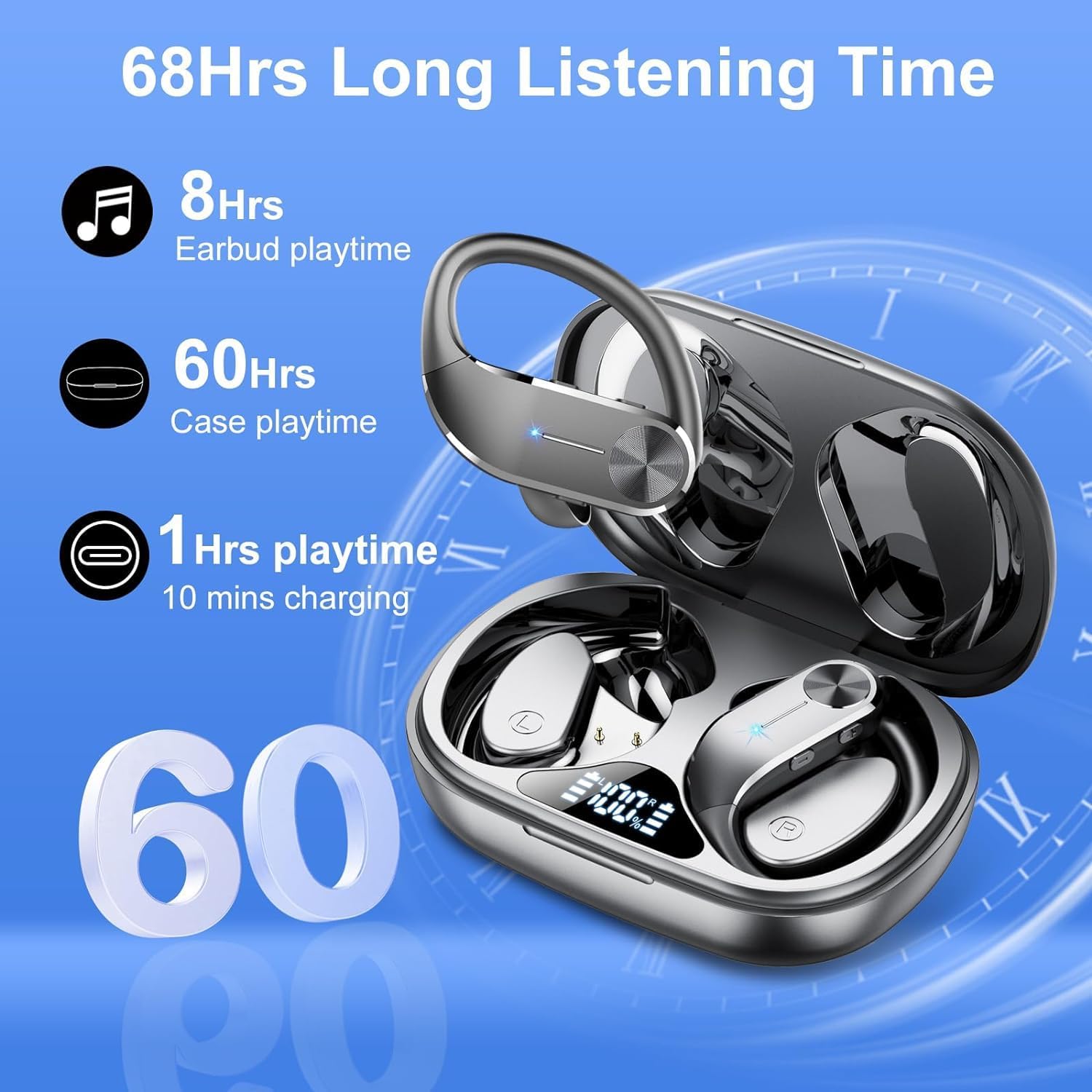 Ear buds Wireless Bluetooth Earbuds 2025 NEW Bluetooth 5.3 Sport Headphones 68Hrs Playtime with LED Display Powerful Bass Over Ear Earphones with Earhooks IP7 Waterproof USB C for Gym/Running - Image 2