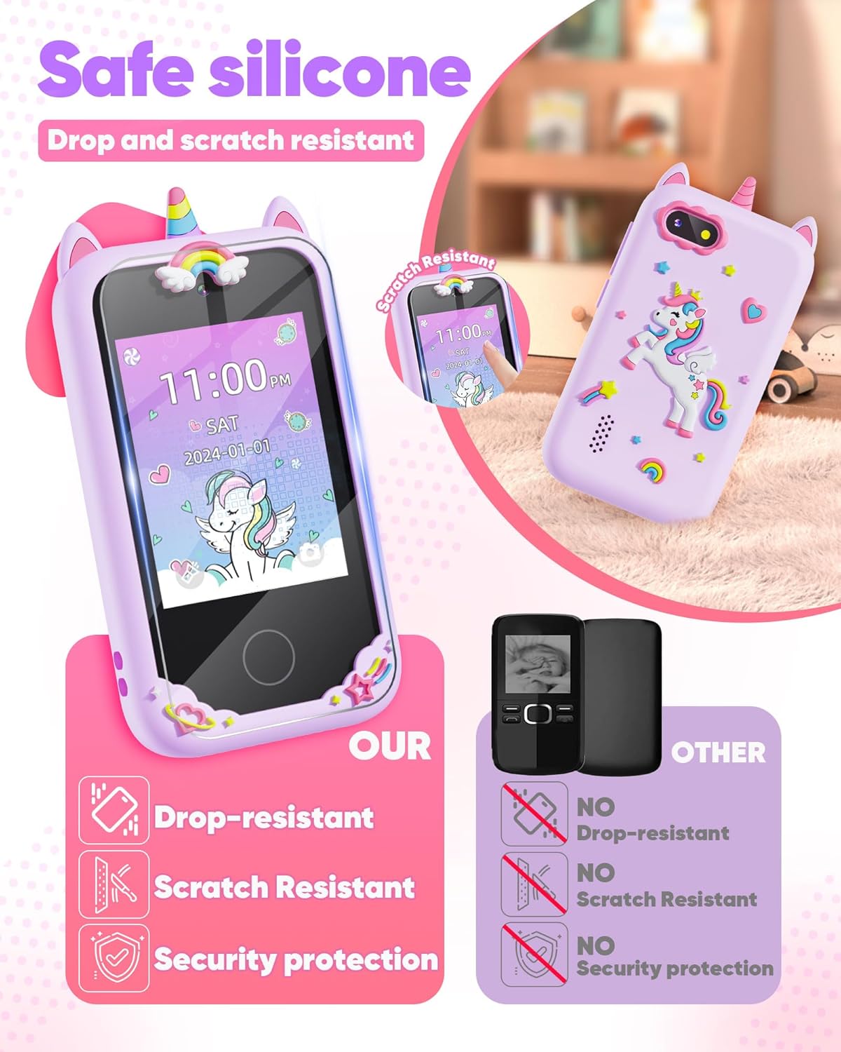 Gifts for Girls Age 6-8 Smart Phone Easter Christmas Stocking Stuffers for Kids Toy for Teenage 3 4 5 7 9 6 8 Year Old Birthday Gift Ideas with 8G SD Card (Purple) - Image 6