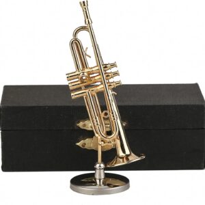 Miniature Trumpet with Stand and Case Brass Mini Musical Instrument Trumpet Replica Collectible Figurines Dollhouse Accessories Model Home Decoration Display Ornament (3.46″x0.91″)