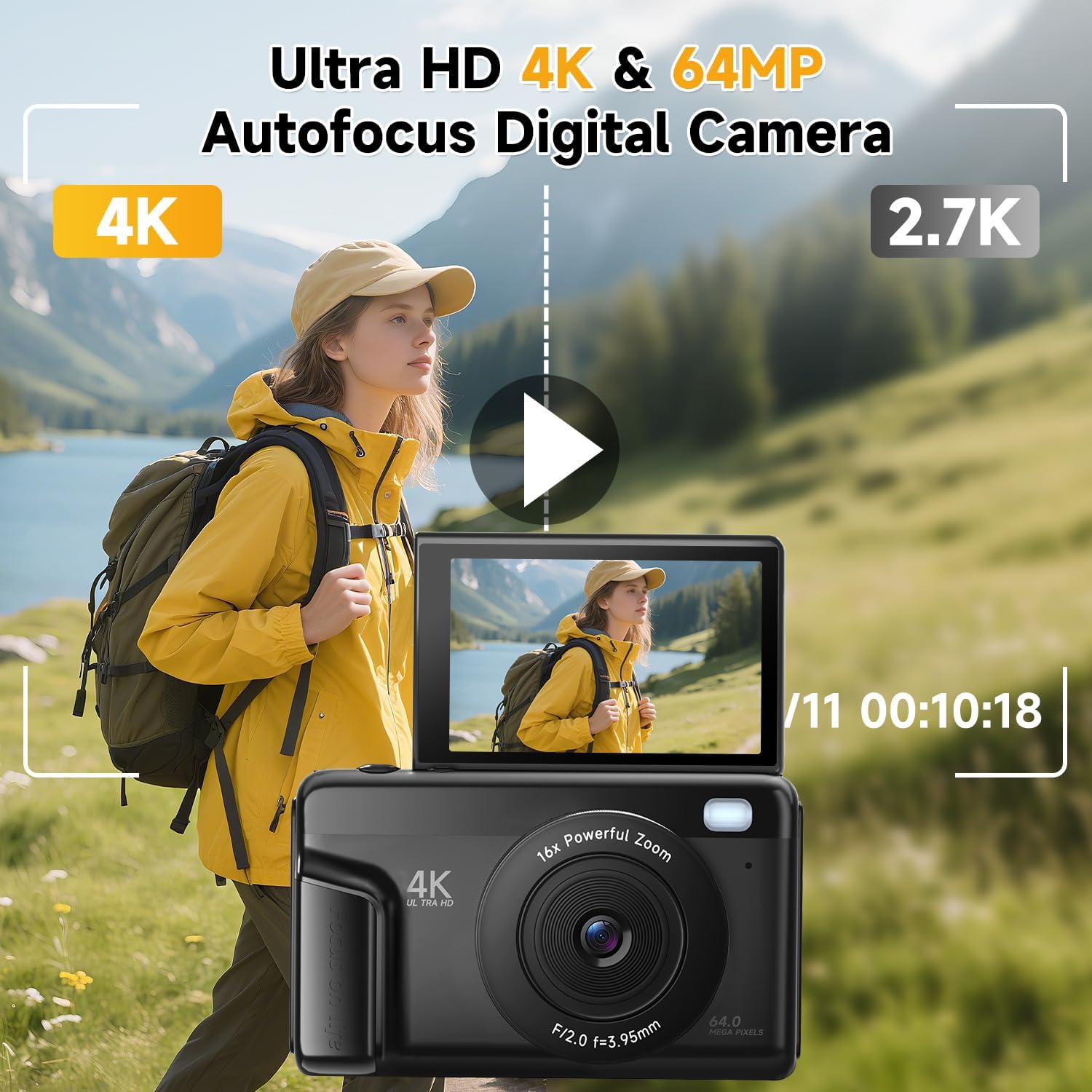 4K Digital Camera for Photography, Autofocus 64MP Vlogging Camera for YouTube with 3" 180° Flip Screen, 16X Zoom Compact Travel Point and Shoot Camera with Flash for Beginners, 64GB Card, Black - Image 2