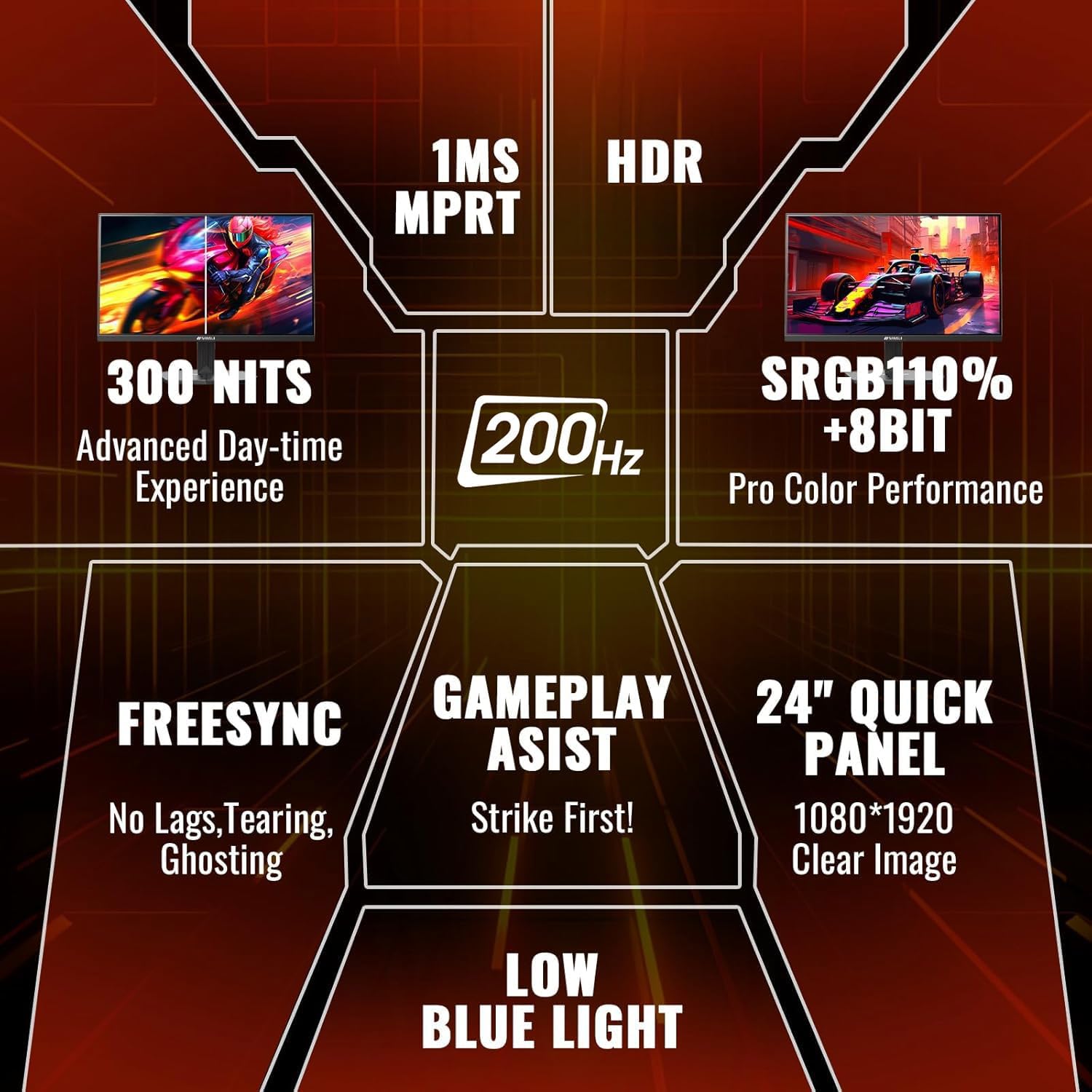 SANSUI 24 Inch Gaming Monitor 200Hz 1Ms FreeSync HDR 110% sRGB FHD 1080P Computer Monitor HDMI DP Ports Eye Care Frameless VESA Mount Cable Management (ES-G24F4L, HDMI Cable Included) - Image 2