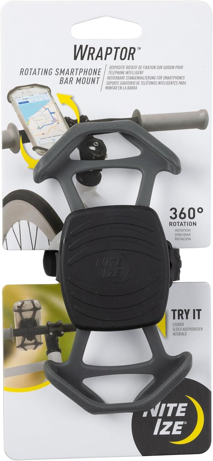 Nite Ize Wraptor Rotating Smartphone Bar Mount - Cell Phone Mount for Bikes, Strollers & More - Easy-to-Use & Adjustable Phone Accessories - Grey