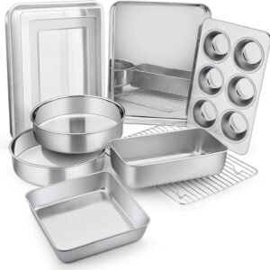 E-far Stainless Steel Baking Pan Set, 9-Piece Bakeware Sets for Cake Cookie Loaf Muffin, Include Round, Square, Rectangle Baking Sheet Pan with Lid & Cooling Rack, Dishwasher Safe