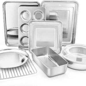 TeamFar Bakeware, Stainless Steel Bakeware Set with Baking Sheet and Rack, Lasagna Pan with Lid, Square & Round Cake Pan with Lid, Muffin Pan & Loaf Pan, Pizza Pan, Healthy & Dishwasher Safe