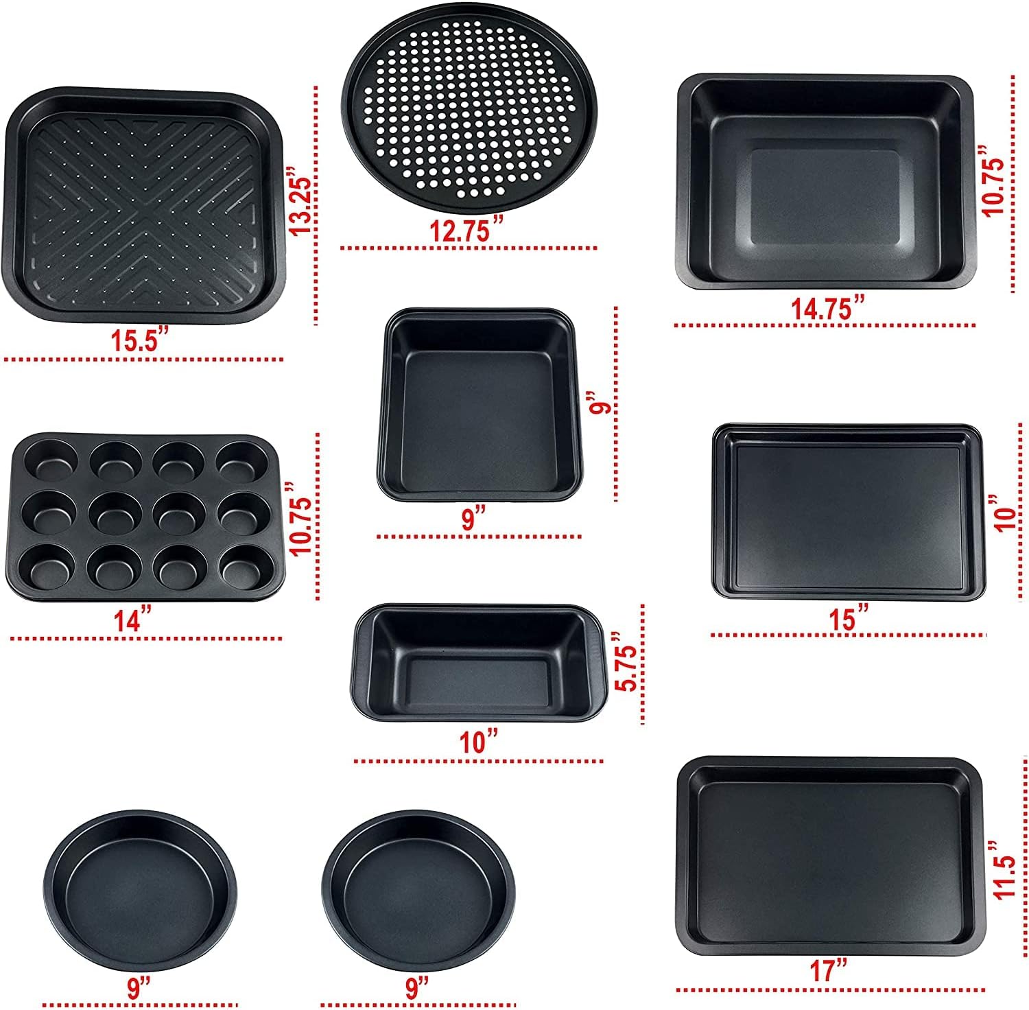 Perlli Baking Pan 10 Piece Set Nonstick Carbon Steel Gray Oven Bakeware Kitchen Set, 2 Cookie Sheets, 2 Round Cake Pans, Square Pan, Roasting Pan, Loaf Pan, Crisp Pan, Pizza Crisper, & Muffin Pan - Image 3